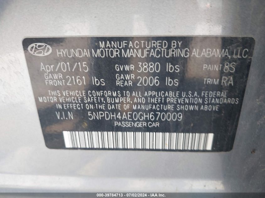 5NPDH4AE0GH670009 | 2016 HYUNDAI ELANTRA