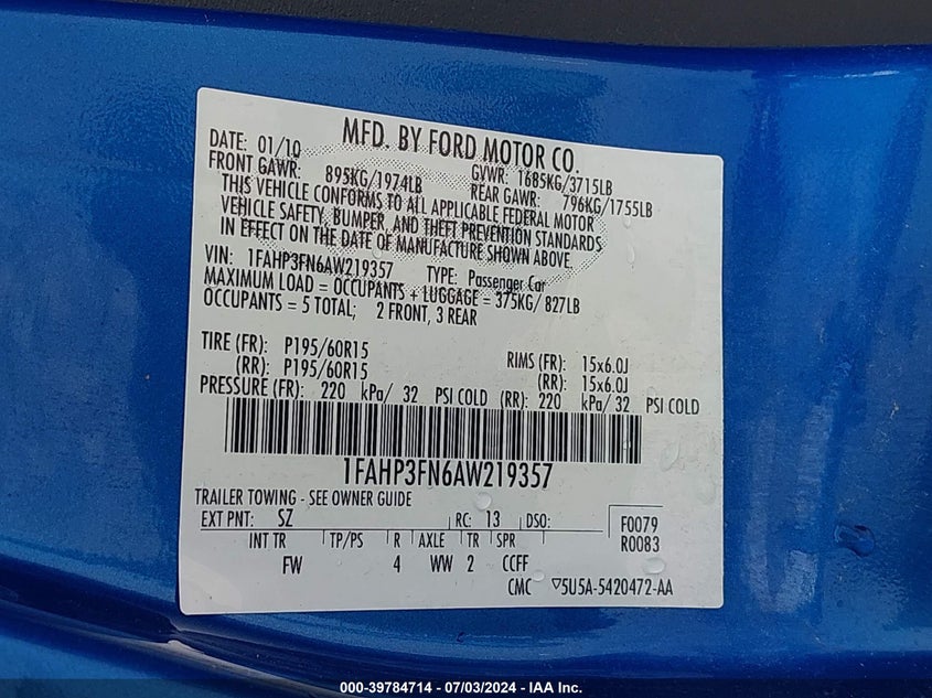 2010 Ford Focus Se VIN: 1FAHP3FN6AW219357 Lot: 39784714