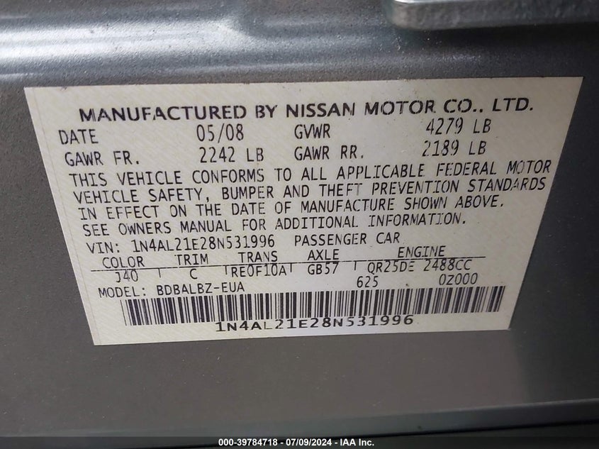 2008 Nissan Altima 2.5 S VIN: 1N4AL21E28N531996 Lot: 39784718