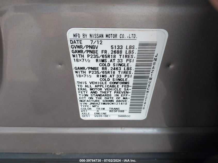 2012 Nissan Murano S VIN: JN8AZ1MU9CW121418 Lot: 39784730