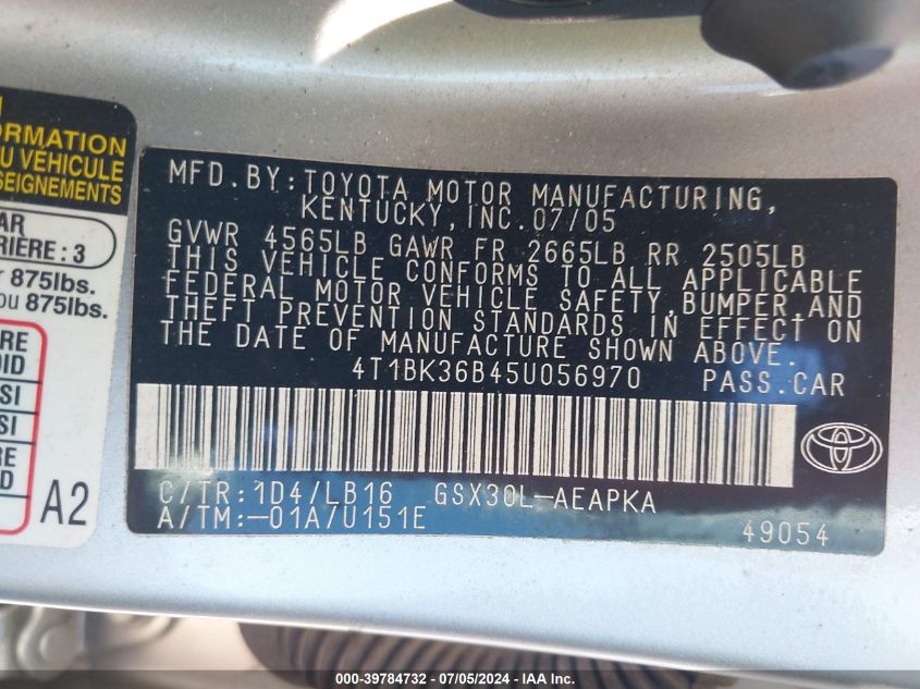 2005 Toyota Avalon Limited VIN: 4T1BK36B45U056970 Lot: 39784732
