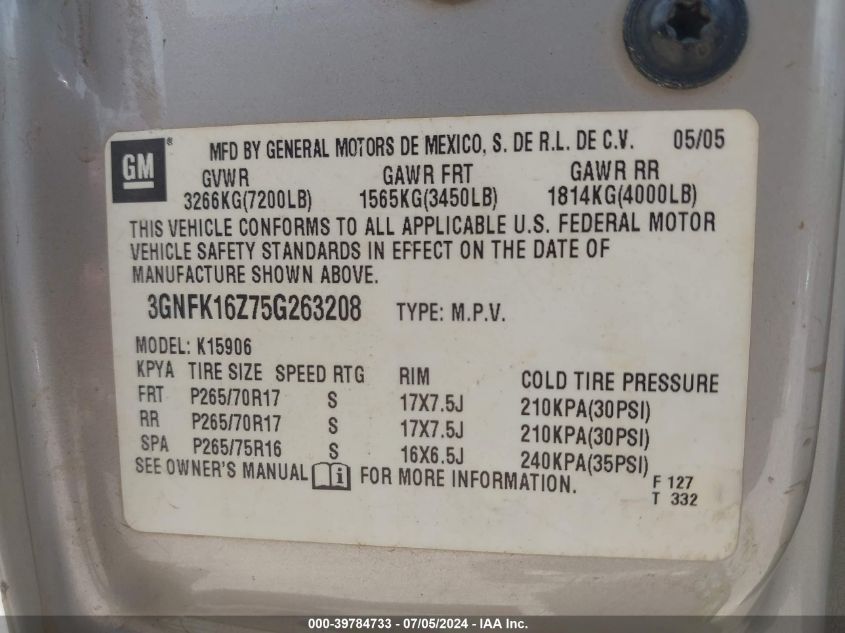 2005 Chevrolet Suburban 1500 Z71 VIN: 3GNFK16Z75G263208 Lot: 39784733