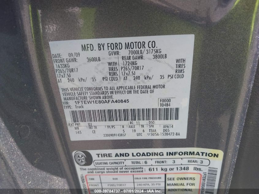 2010 Ford F-150 Xl/Xlt VIN: 1FTEW1E80AFA40845 Lot: 39784737