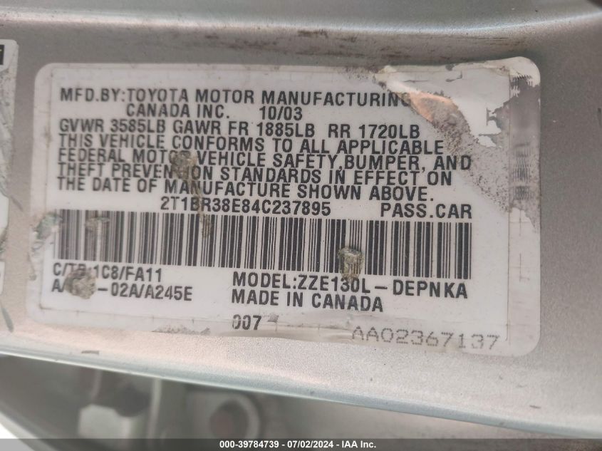 2004 Toyota Corolla Le VIN: 2T1BR38E84C237895 Lot: 39784739