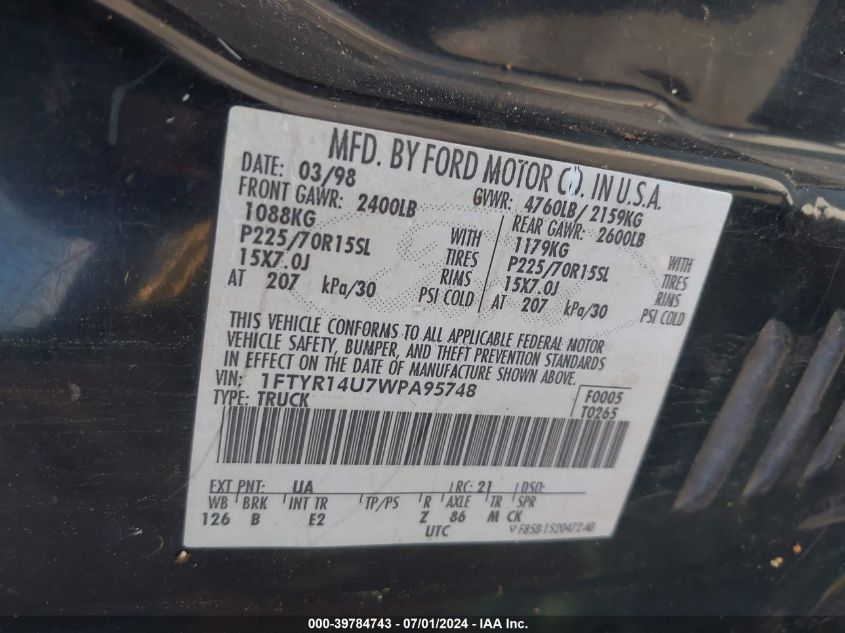 1998 Ford Ranger Splash/Xl/Xlt VIN: 1FTYR14U7WPA95748 Lot: 39784743