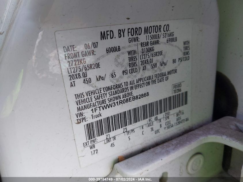 2008 Ford F-350 Fx4/Harley-Davidson/King Ranch/Lariat/Xl/Xlt VIN: 1FTWW31R08EB82868 Lot: 39784749