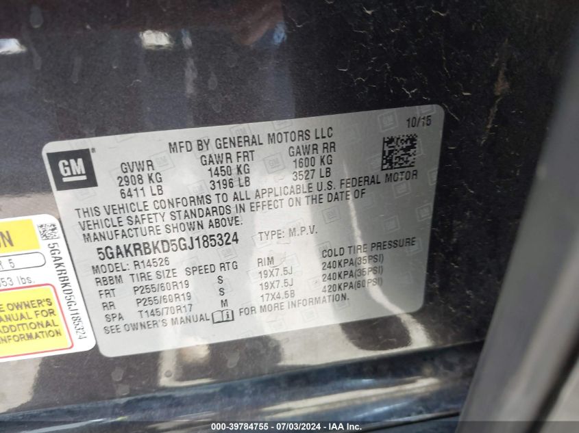 2016 Buick Enclave Leather VIN: 5GAKRBKD5GJ185324 Lot: 39784755