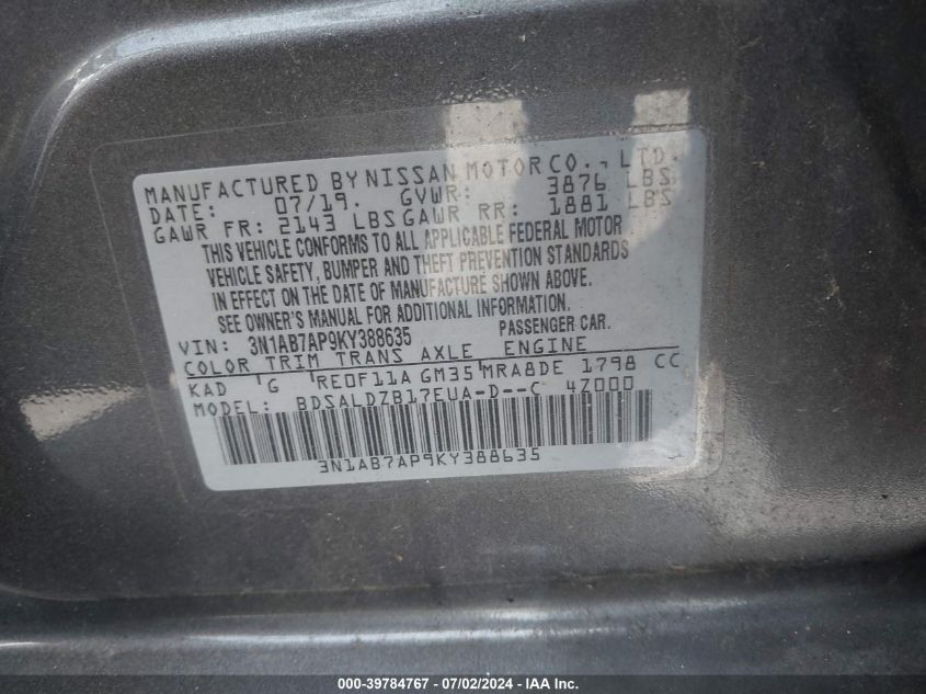 VIN 3N1AB7AP9KY388635 2019 NISSAN SENTRA SV