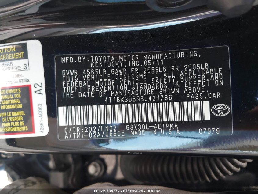 2011 Toyota Avalon Limited VIN: 4T1BK3DB9BU421786 Lot: 39784772