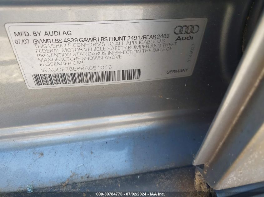 2008 Audi A4 2.0T VIN: WAUDF78E88A051046 Lot: 39784775