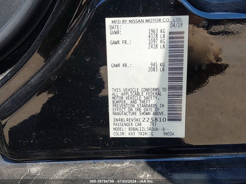 VIN 1N4BL4EV3KC225810 2019 NISSAN ALTIMA SL