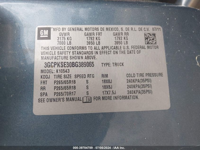 2011 Chevrolet Silverado 1500 Lt VIN: 3GCPKSE30BG389065 Lot: 39784789