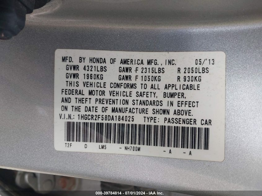 1HGCR2F58DA184025 | 2013 HONDA ACCORD