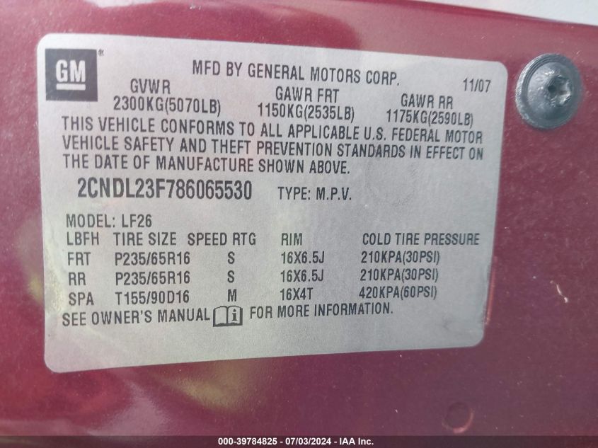 2008 Chevrolet Equinox Ls VIN: 2CNDL23F786065530 Lot: 39784825