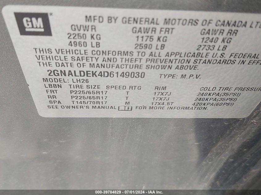 2013 Chevrolet Equinox 1Lt VIN: 2GNALDEK4D6149030 Lot: 39784829