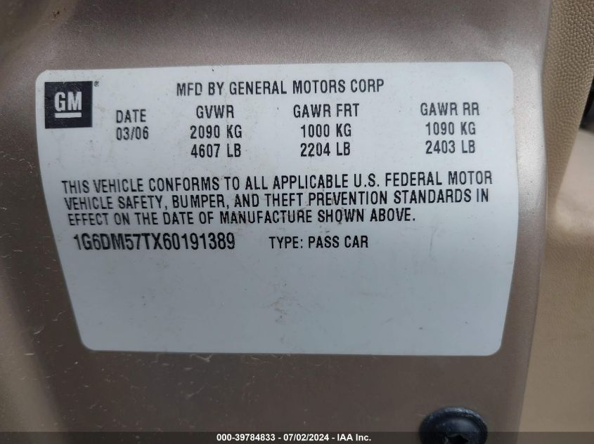 2006 Cadillac Cts Standard VIN: 1G6DM57TX60191389 Lot: 39784833