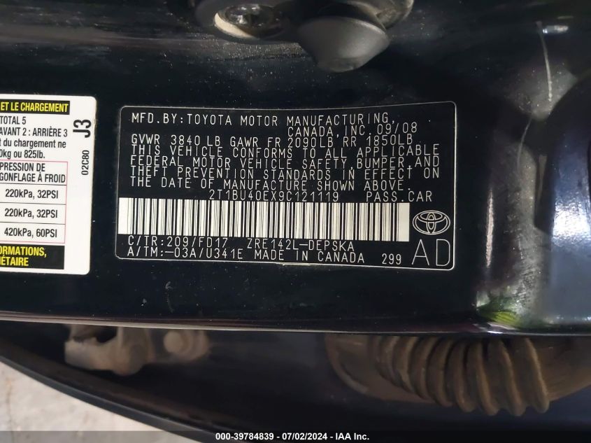 2009 Toyota Corolla S VIN: 2T1BU40EX9C121119 Lot: 39784839