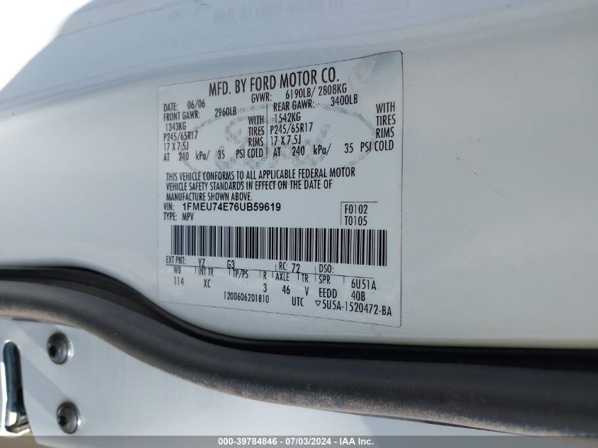 2006 Ford Explorer Eddie Bauer VIN: 1FMEU74E76UB59619 Lot: 39784846