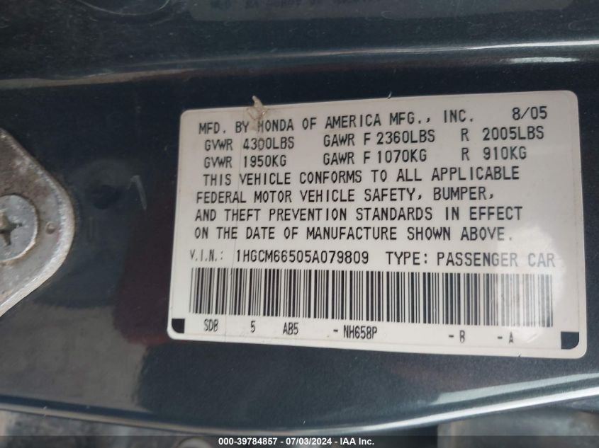 2005 Honda Accord Ex VIN: 1HGCM66505A079809 Lot: 39784857