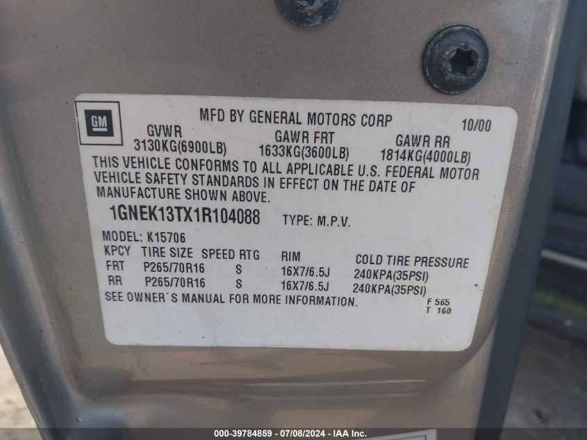 2001 Chevrolet Tahoe Lt VIN: 1GNEK13TX1R104088 Lot: 39784859