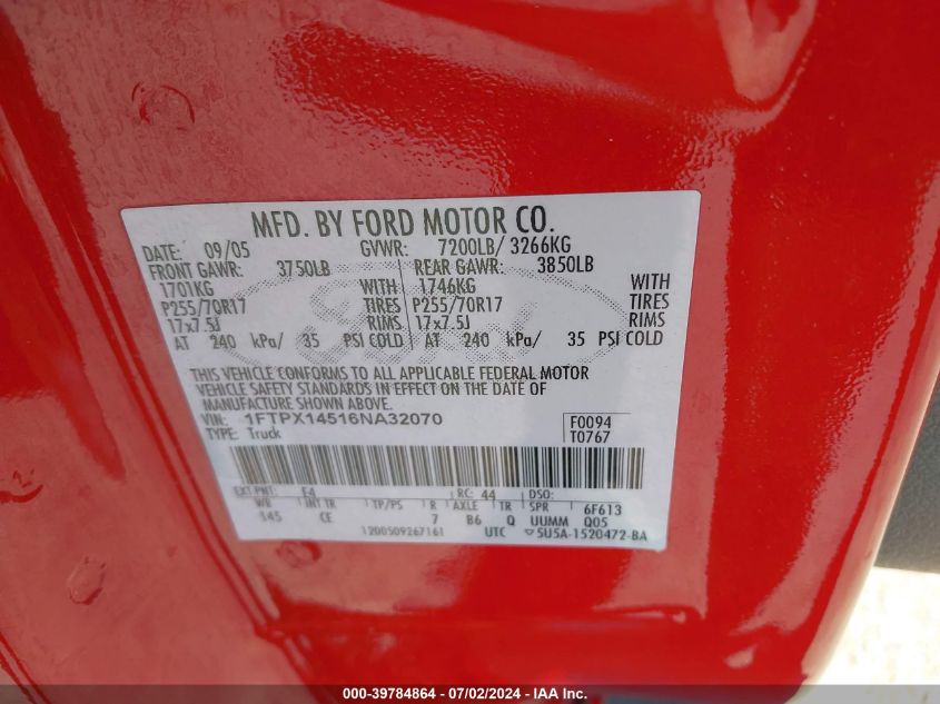 2006 Ford F-150 Fx4/Lariat/Xl/Xlt VIN: 1FTPX14516NA32070 Lot: 39784864