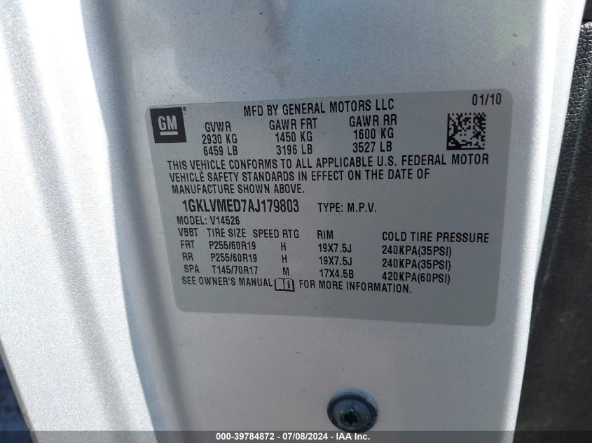 2010 GMC Acadia Slt-1 VIN: 1GKLVMED7AJ179803 Lot: 39784872