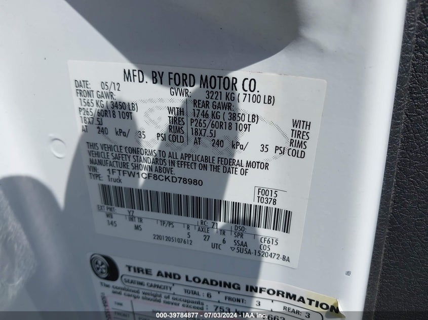 2012 Ford F-150 Xlt VIN: 1FTFW1CF8CKD78980 Lot: 39784877