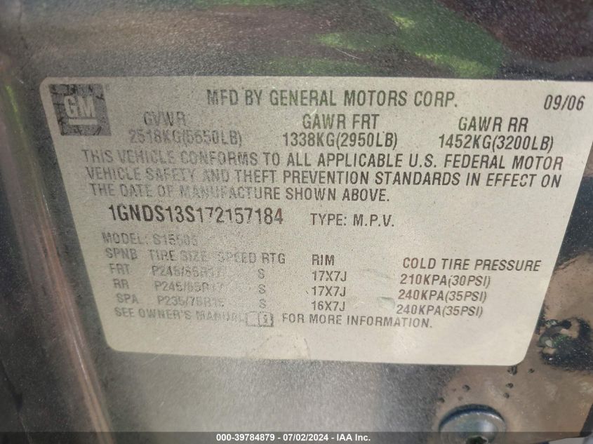 2007 Chevrolet Trailblazer Ls VIN: 1GNDS13S172157184 Lot: 39784879
