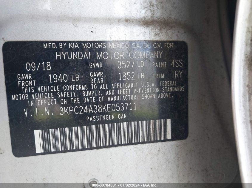 2019 Hyundai Accent Sel VIN: 3KPC24A38KE053711 Lot: 39784881