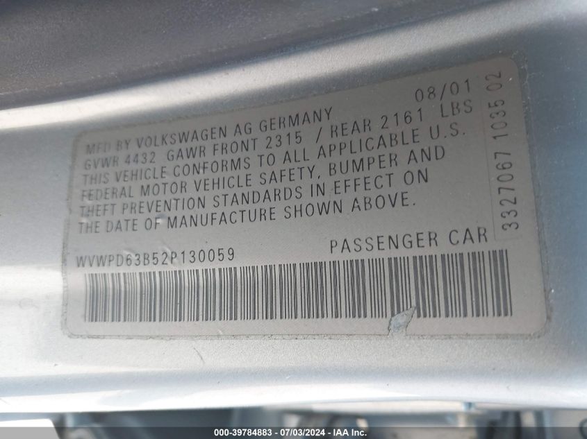2002 Volkswagen Passat Gls VIN: WVWPD63B52P130059 Lot: 39784883