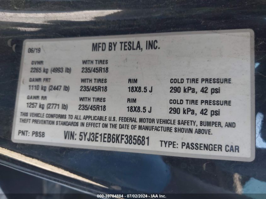 2019 TESLA MODEL 3 LONG RANGE/PERFORMANCE - 5YJ3E1EB6KF385681