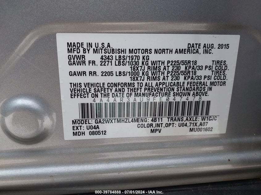 2015 MITSUBISHI OUTLANDER SPORT ES - 4A4AR3AU9FE047478