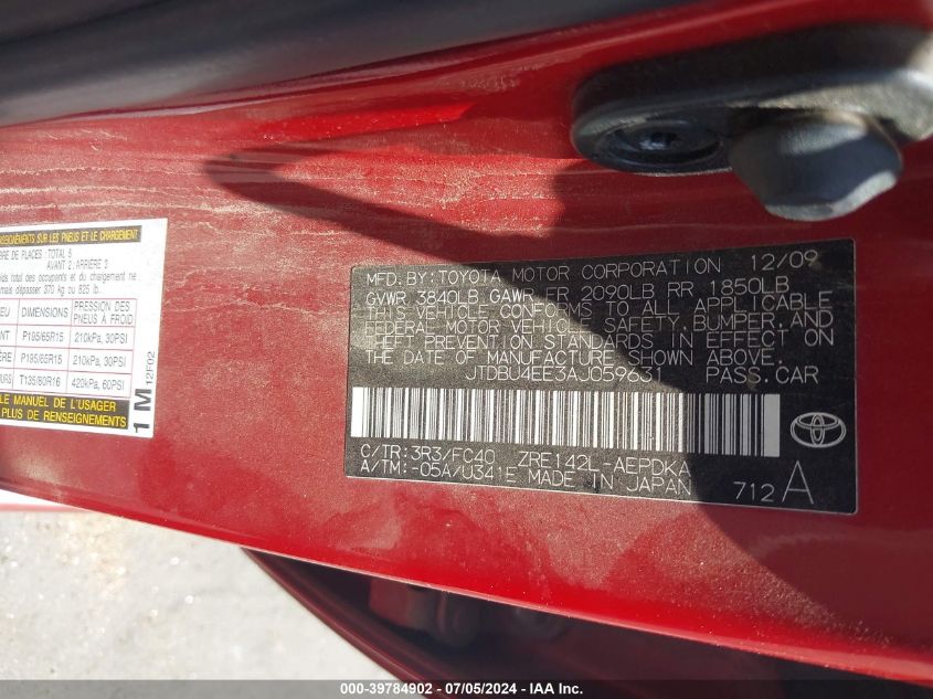 2010 Toyota Corolla Le VIN: JTDBU4EE3AJ059631 Lot: 39784902