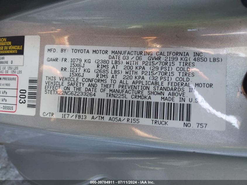2006 Toyota Tacoma VIN: 5TETX22N56Z233264 Lot: 39784911