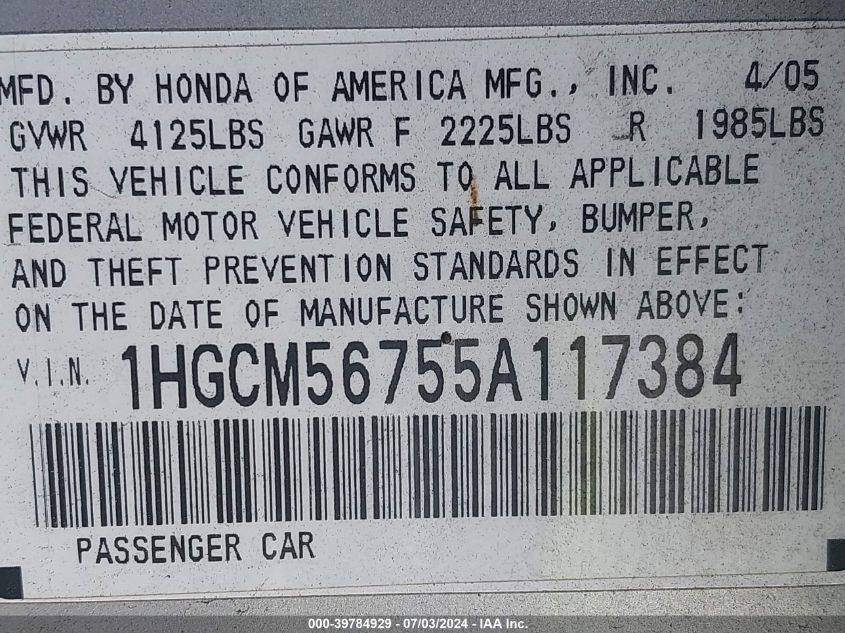 2005 Honda Accord 2.4 Ex VIN: 1HGCM56755A117384 Lot: 39784929