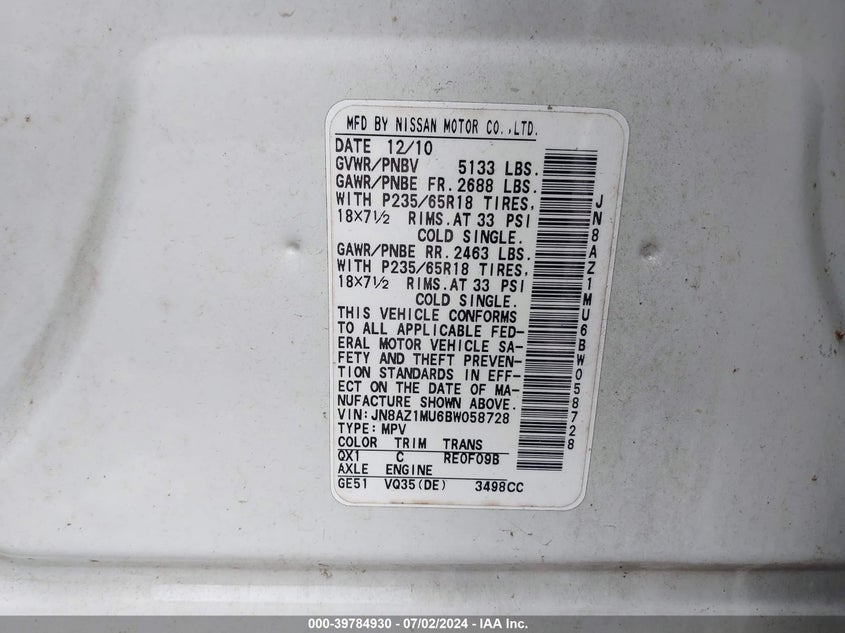 2011 Nissan Murano Sv VIN: JN8AZ1MU6BW058728 Lot: 39784930