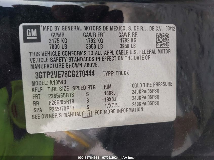 2012 GMC Sierra 1500 Sle VIN: 3GTP2VE78CG270444 Lot: 39784931