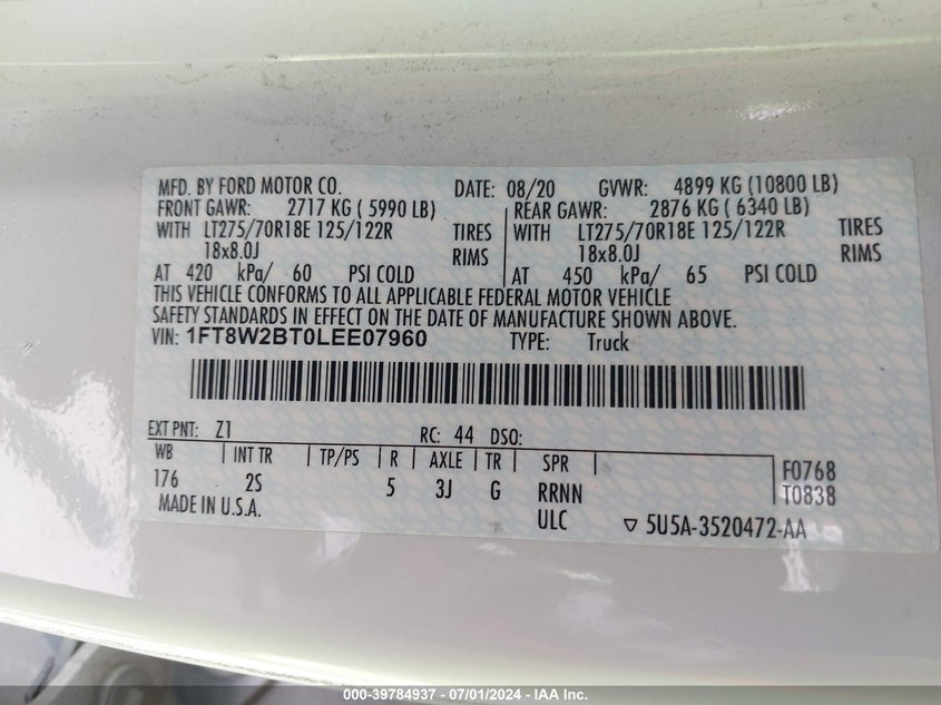 2020 Ford F-250 Xlt VIN: 1FT8W2BTOLEE07960 Lot: 39784937