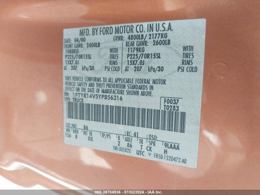 2000 Ford Ranger Xl/Xlt VIN: 1FTYR14V5YPB56316 Lot: 39784936