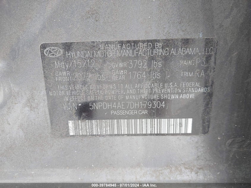 2013 Hyundai Elantra Gls VIN: 5NPDH4AE7DH179304 Lot: 39784945