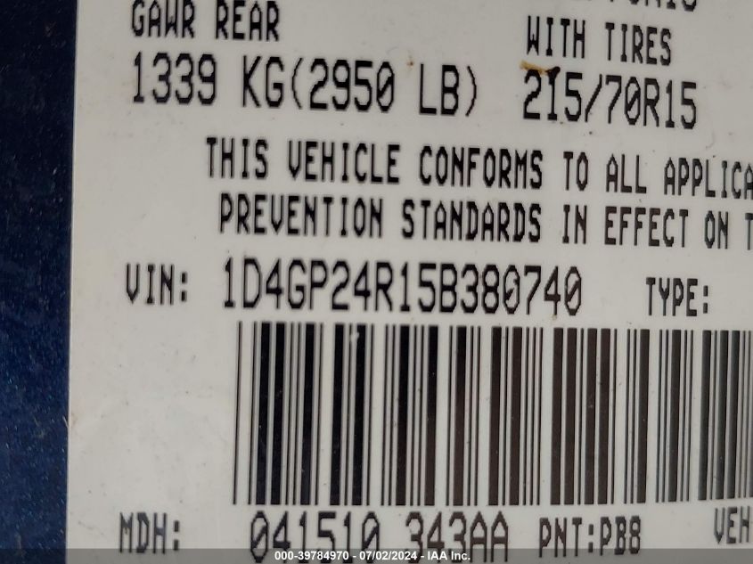 2005 Dodge Grand Caravan Se VIN: 1D4GP24R15B380740 Lot: 39784970