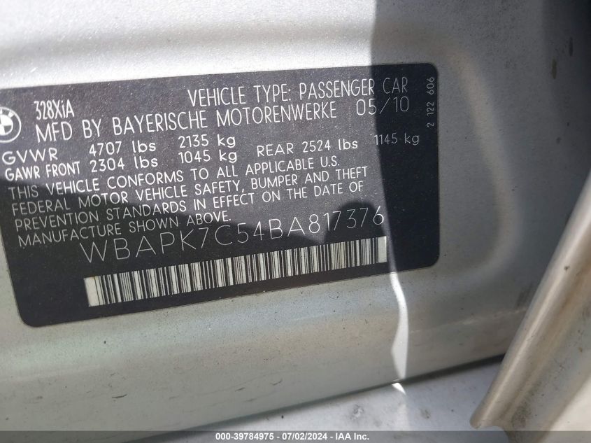 2011 BMW 328I xDrive VIN: WBAPK7C54BA817376 Lot: 39784975