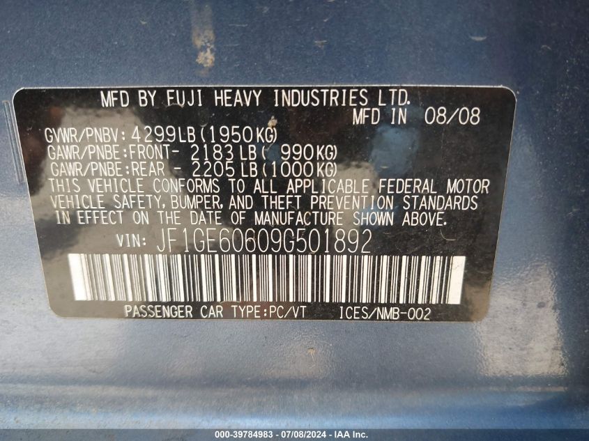 2009 Subaru Impreza 2.5I VIN: JF1GE60609G501892 Lot: 39784983