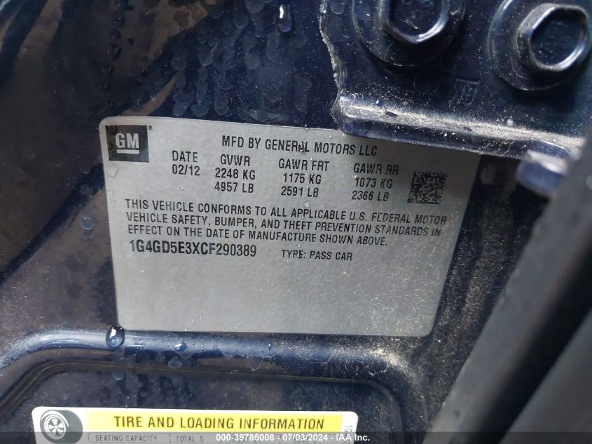 2012 Buick Lacrosse Premium 1 Group VIN: 1G4GD5E3XCF290389 Lot: 39785008