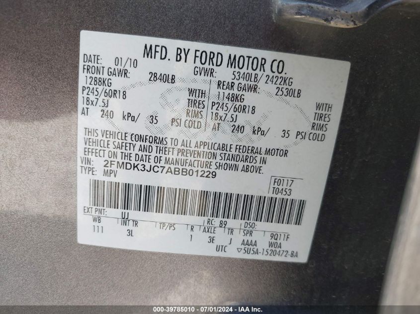 2010 Ford Edge Sel VIN: 2FMDK3JC7ABB01229 Lot: 39785010