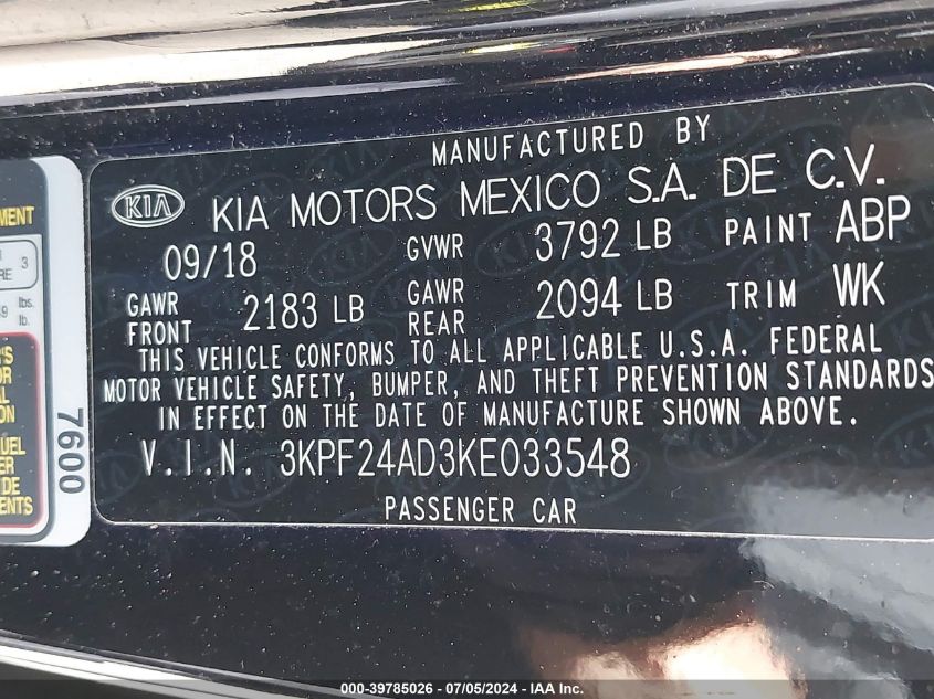 2019 Kia Forte Fe VIN: 3KPF24AD3KE033548 Lot: 39785026