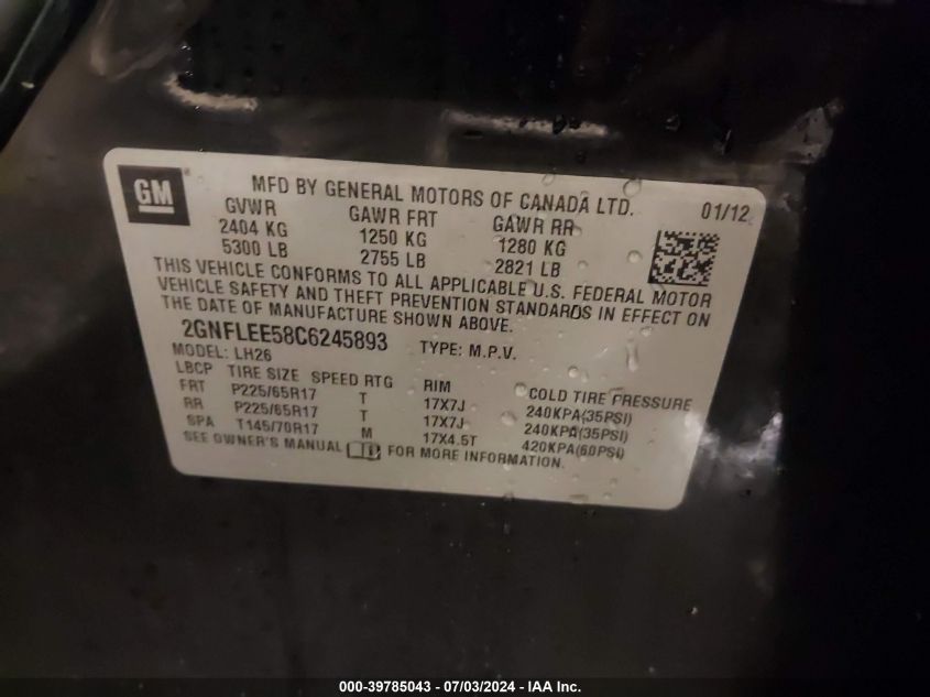 2012 Chevrolet Equinox 1Lt VIN: 2GNFLEE58C6245893 Lot: 39785043