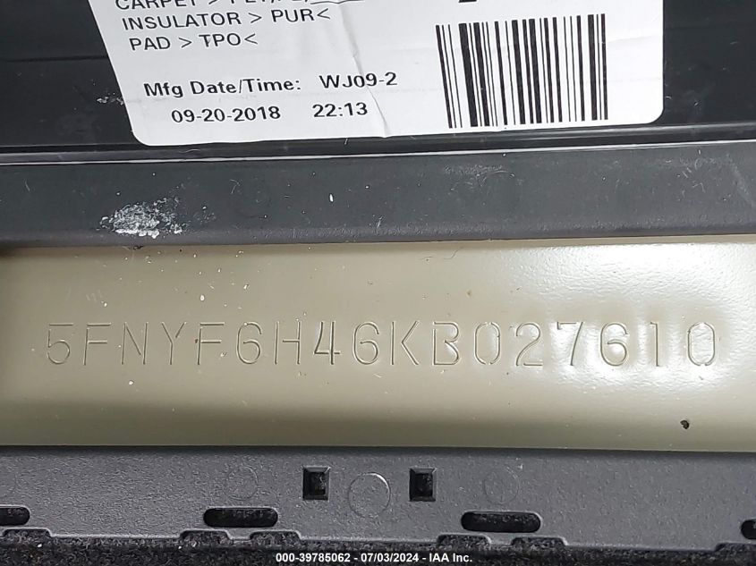 2019 Honda Pilot Ex-L VIN: 5FNYF6H46KB027610 Lot: 39785062