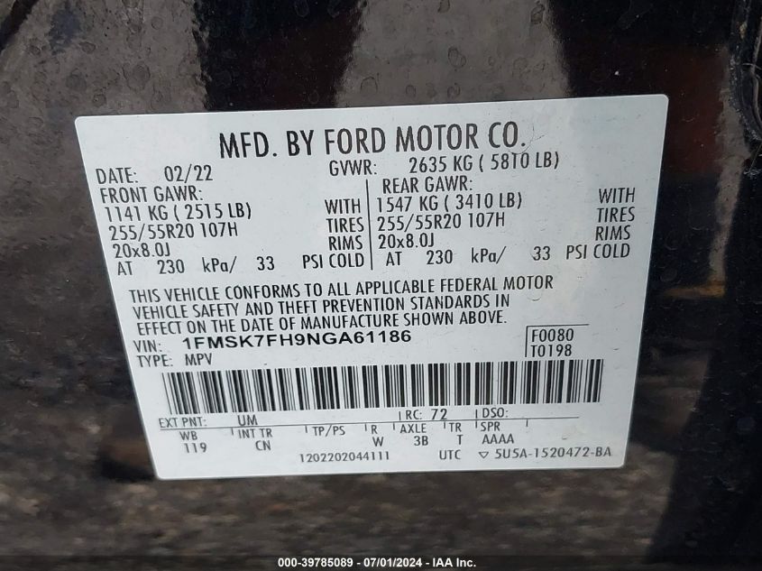 2022 Ford Explorer Limited VIN: 1FMSK7FH9NGA61186 Lot: 39785089
