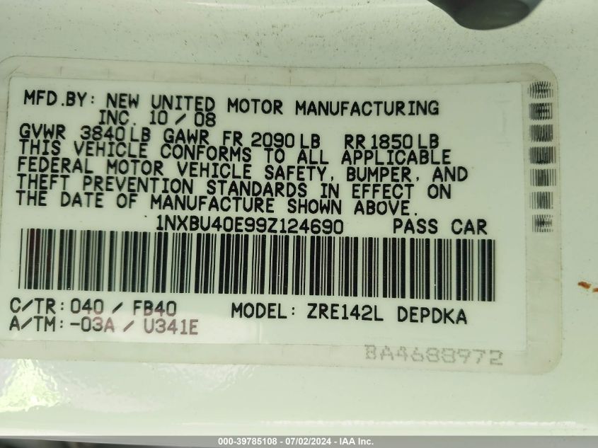 2009 Toyota Corolla Le VIN: 1NXBU40E99Z124690 Lot: 39785108